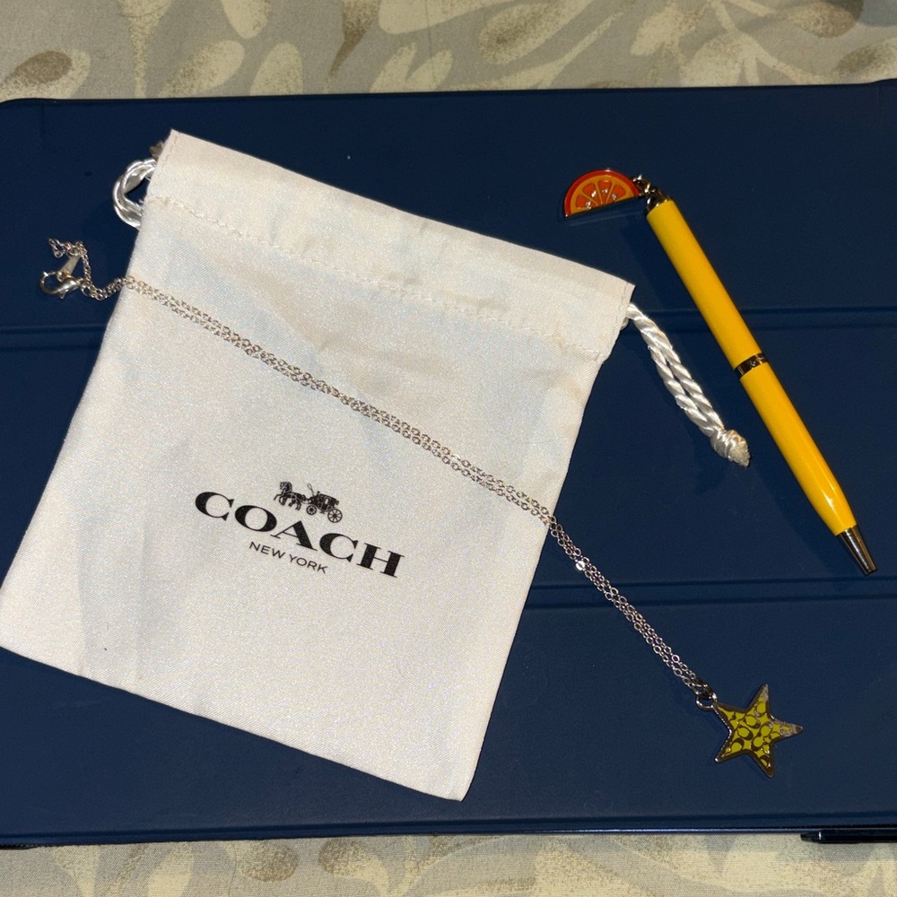 NWOT 3 Pieces Coach Silver Chain Necklace with Green Star Pendant AND Coach Pen